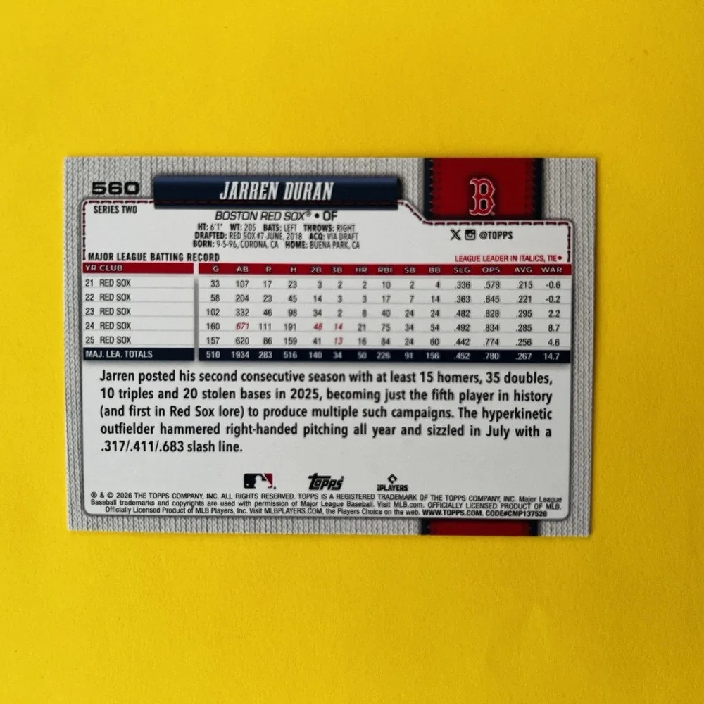 2026 Topps Baseball Series 2 Jarren Duran Holiday Sun Parallel‎ #560 Red Sox